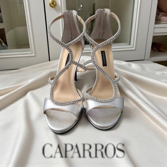 Caparros Silver Rhinestone Dress 4" High Heels Size 8.5 Open Toe Shoes NIB - Picture 1 of 8